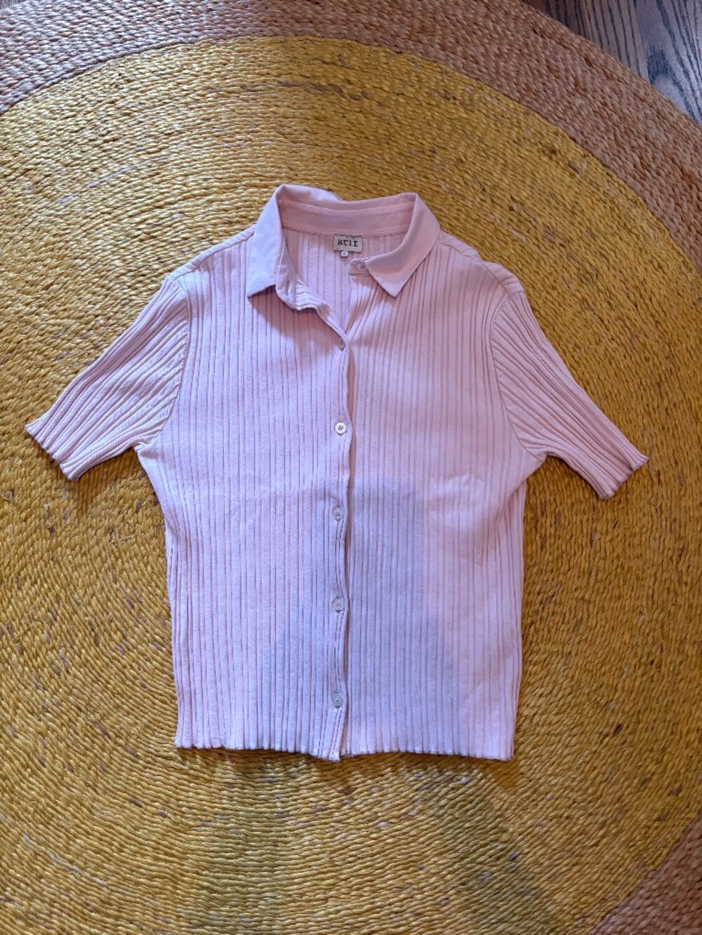 Kule Light Pink Ribbed Knit Button-Up Polo Top Size Small